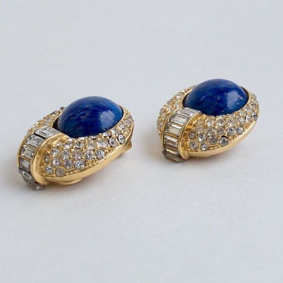 Vintage Christian Dior Earrings Faux Blue Lapis Lazuli Pave Rhinestone Gold Tone - Picture 6 of 13